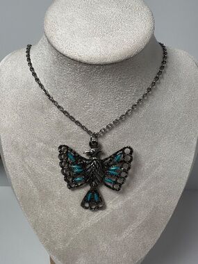 Southwestern Thunderbird Eagle Pendant Necklace Turquoise Colour Silver Tone